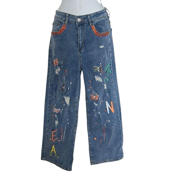 MÁS FASHION Embellished Wide Leg Jeans Size M - Picture 7 of 11